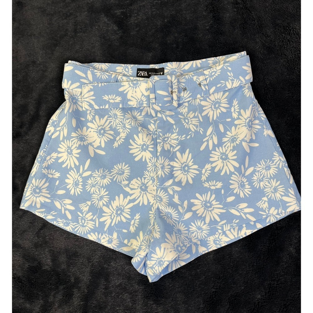 Zara Floral Print Belted High Waist Shorts Blue White‎ Summer Casual Small